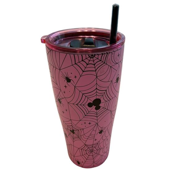 Zrike Brand Disney Halloween Pink/Black Mickey Mouse Spider Web Tumbler w/ Straw - Picture 2 of 4